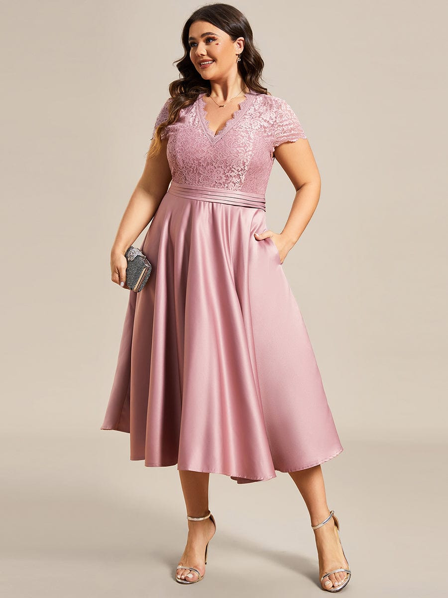 MsDresslyEP Plus Formal Dress Plus Size V-neck Lace Bodice A-line Cocktail Dress with Pockets