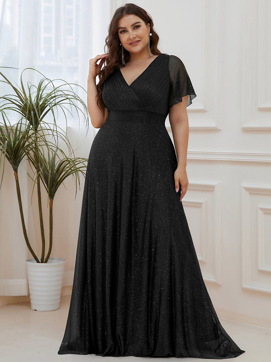 MsDresslyEP Plus Formal Dress Plus Size V Neck Ribbon Waist Formal Evening Dress With Sleeves DRE230975809BLK16