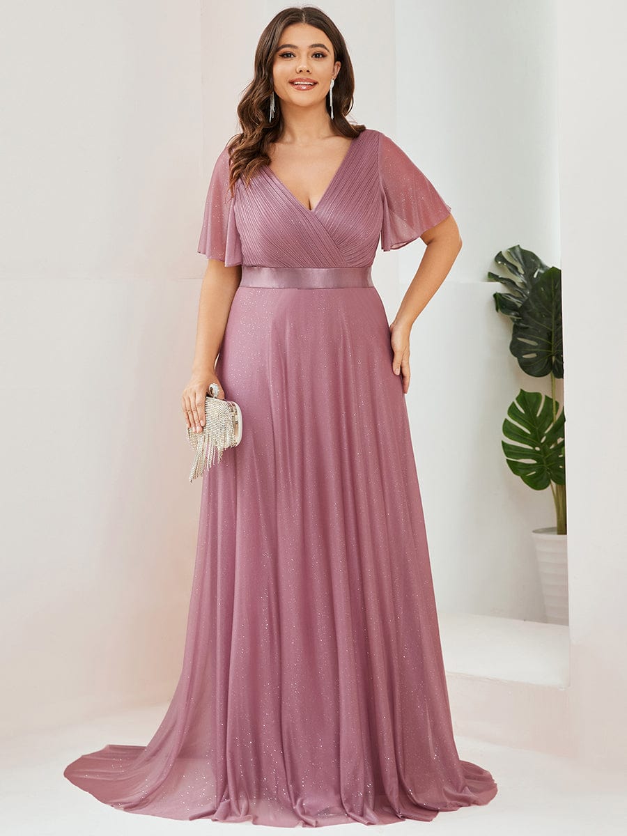 MsDresslyEP Plus Formal Dress Plus Size V Neck Ribbon Waist Formal Evening Dress With Sleeves DRE230975833POH16