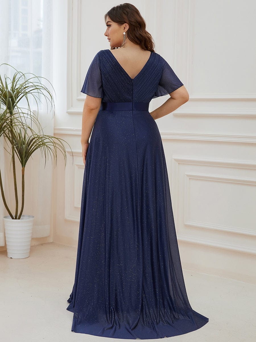 MsDresslyEP Plus Formal Dress Plus Size V Neck Ribbon Waist Formal Evening Dress With Sleeves