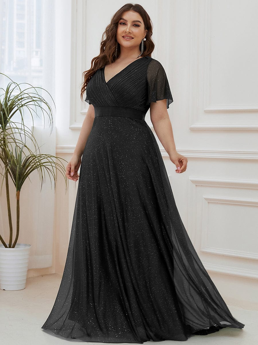 MsDresslyEP Plus Formal Dress Plus Size V Neck Ribbon Waist Formal Evening Dress With Sleeves