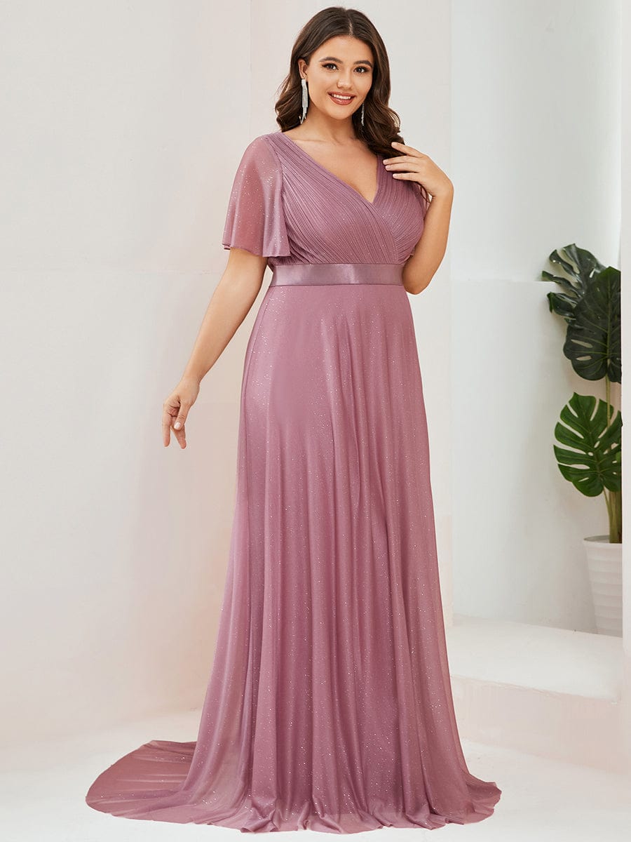 MsDresslyEP Plus Formal Dress Plus Size V Neck Ribbon Waist Formal Evening Dress With Sleeves