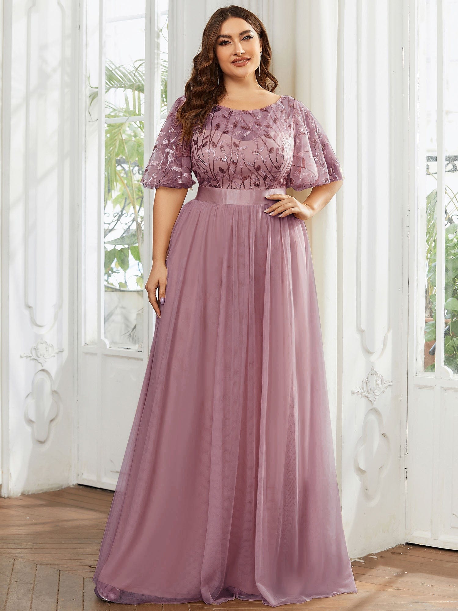 MsDresslyEP Plus Formal Dress Plus Size Women's Embroidery Evening Dresses with Short Sleeve DRE230970117POH16