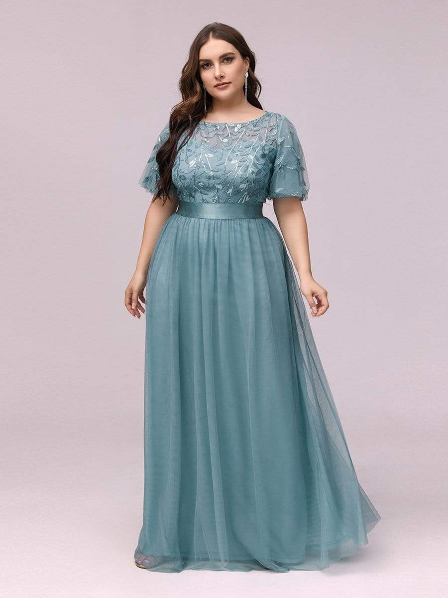 MsDresslyEP Plus Formal Dress Plus Size Women's Embroidery Evening Dresses with Short Sleeve