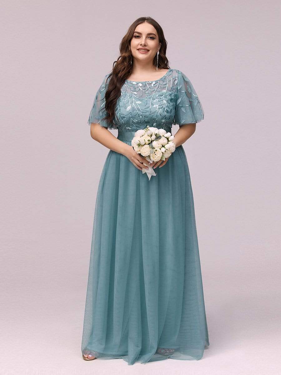 MsDresslyEP Plus Formal Dress Plus Size Women's Embroidery Evening Dresses with Short Sleeve