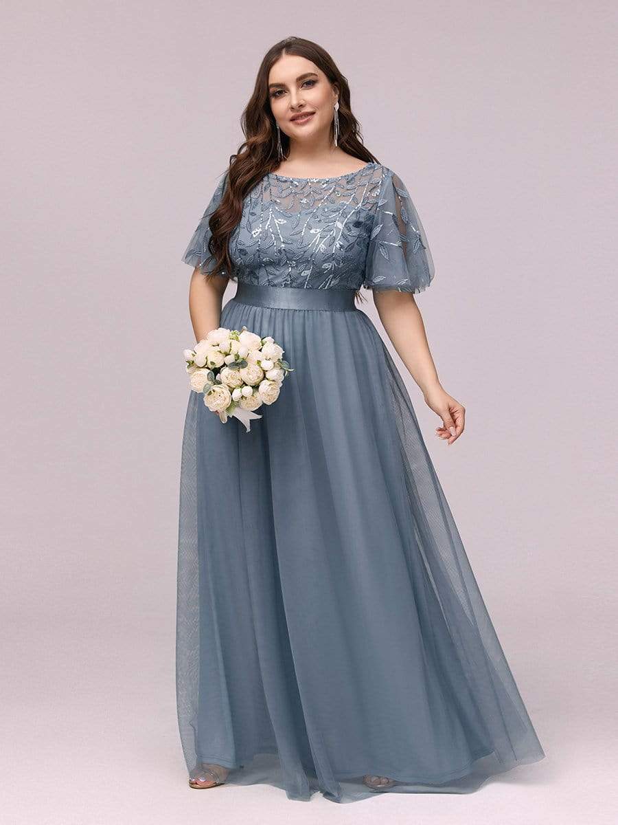 MsDresslyEP Plus Formal Dress Plus Size Women's Embroidery Evening Dresses with Short Sleeve