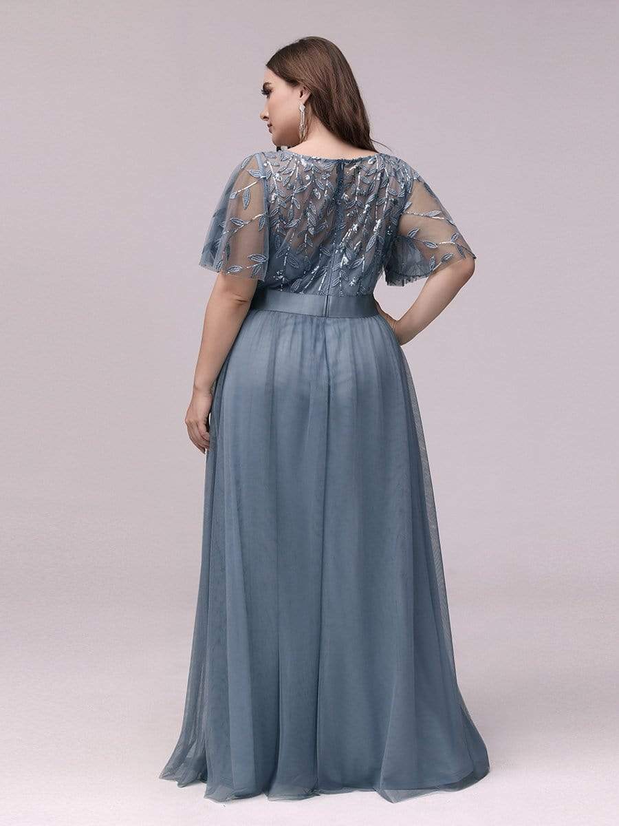 MsDresslyEP Plus Formal Dress Plus Size Women's Embroidery Evening Dresses with Short Sleeve