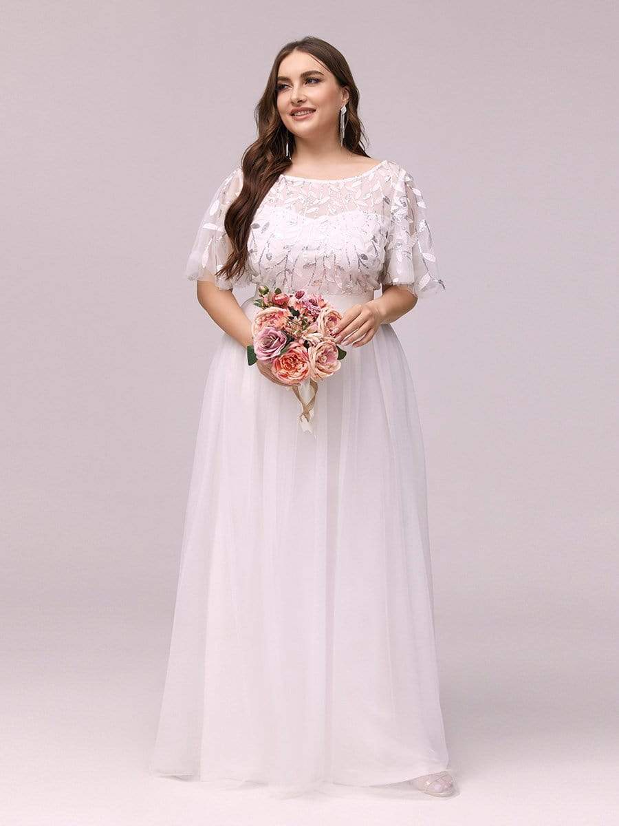 MsDresslyEP Plus Formal Dress Plus Size Women's Embroidery Evening Dresses with Short Sleeve