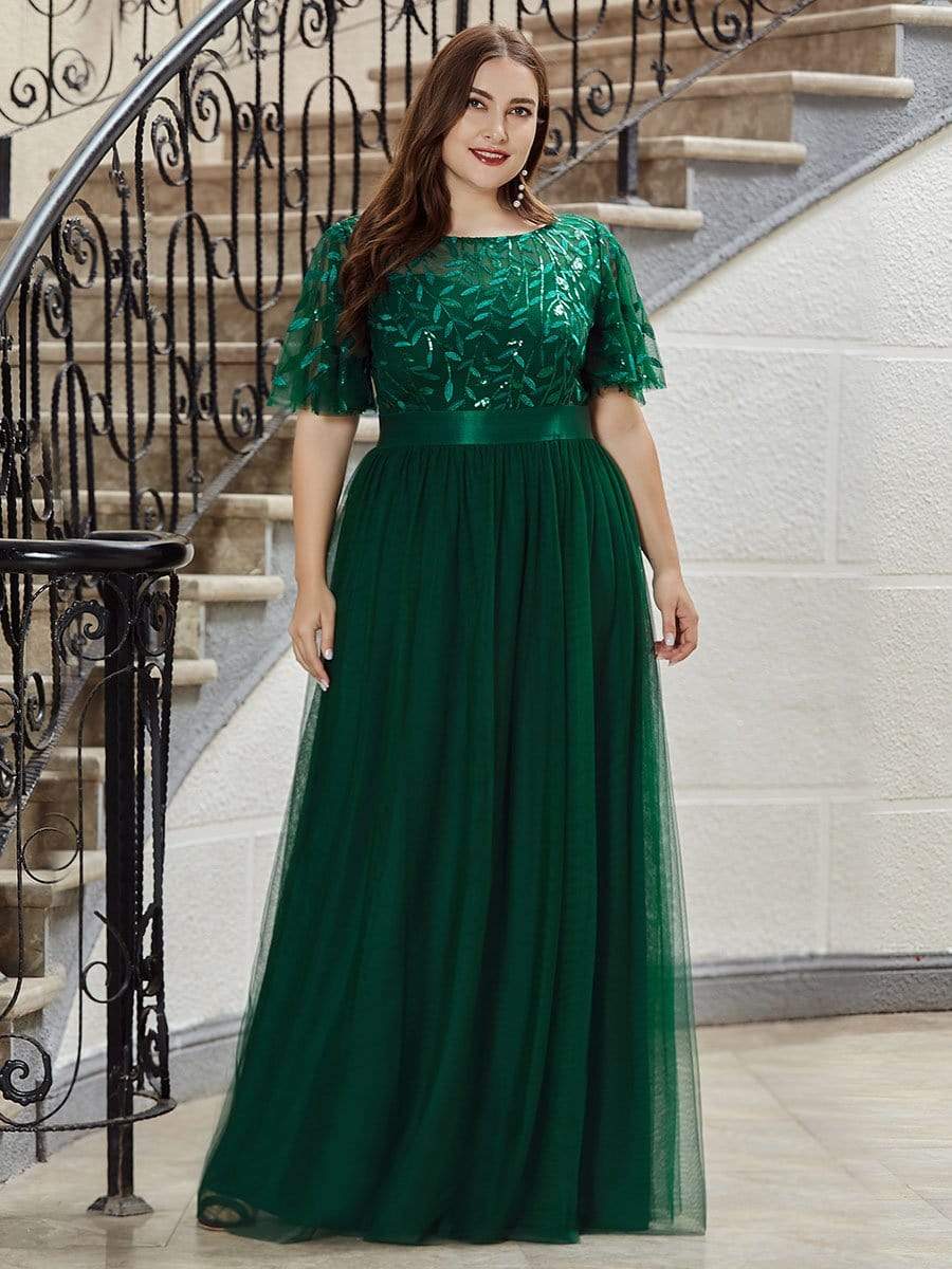 MsDresslyEP Plus Formal Dress Plus Size Women's Embroidery Evening Dresses with Short Sleeve