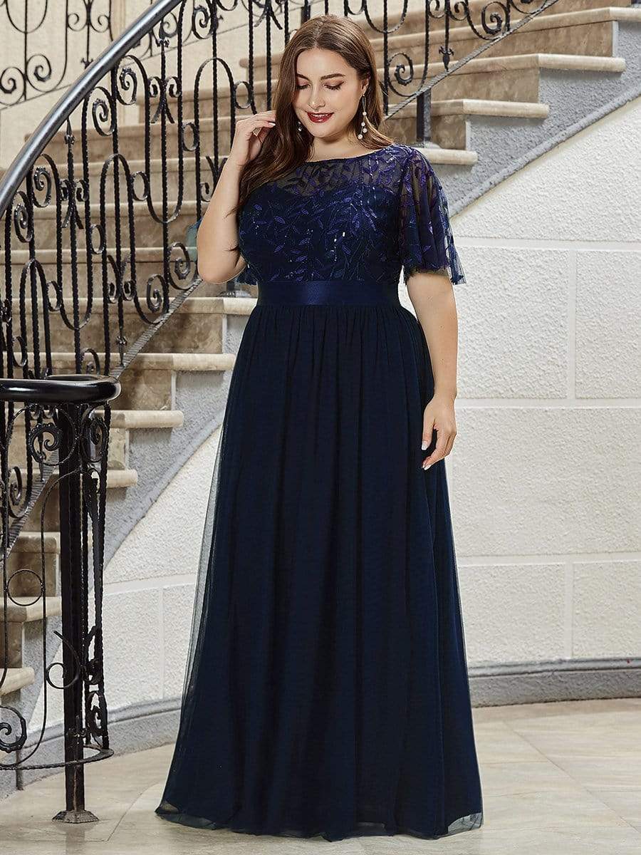 MsDresslyEP Plus Formal Dress Plus Size Women's Embroidery Evening Dresses with Short Sleeve