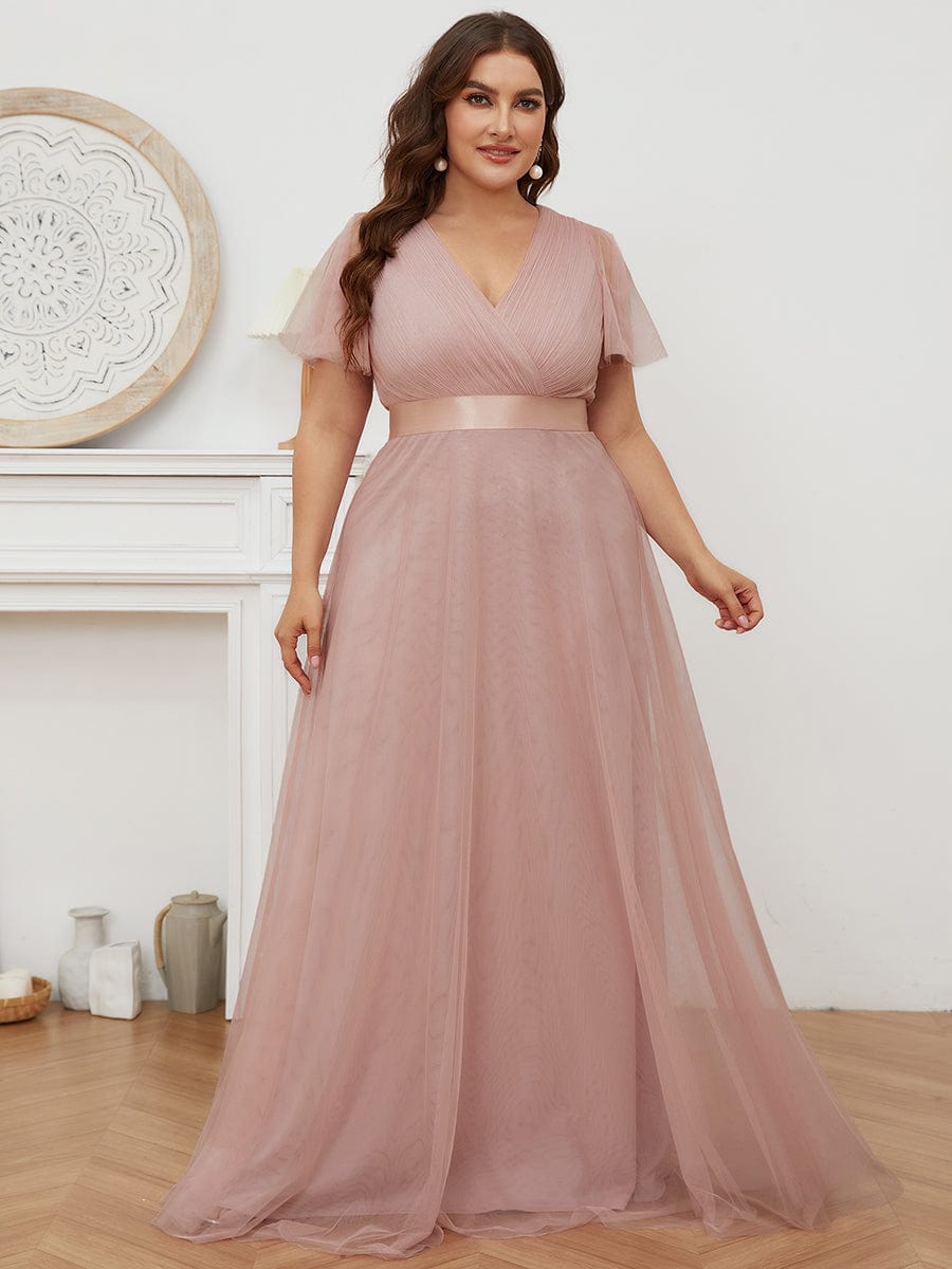 MsDresslyEP Plus Formal Dress Women's Floor-Length Plus Size Formal Bridesmaid Dress with Short Sleeve DRE230970701PNK16