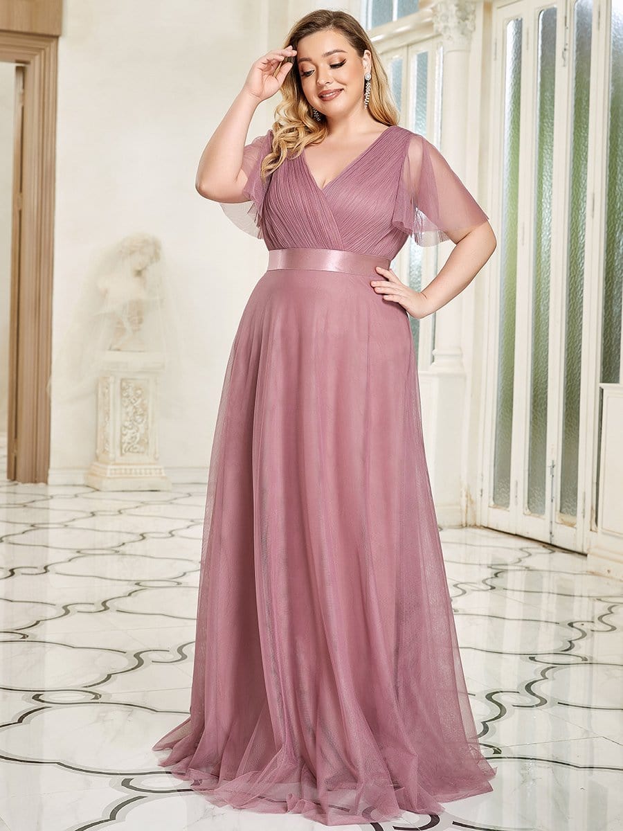 MsDresslyEP Plus Formal Dress Women's Floor-Length Plus Size Formal Bridesmaid Dress with Short Sleeve DRE230970731POH16