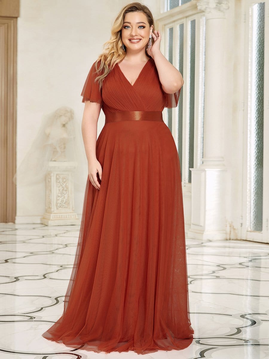 MsDresslyEP Plus Formal Dress Women's Floor-Length Plus Size Formal Bridesmaid Dress with Short Sleeve