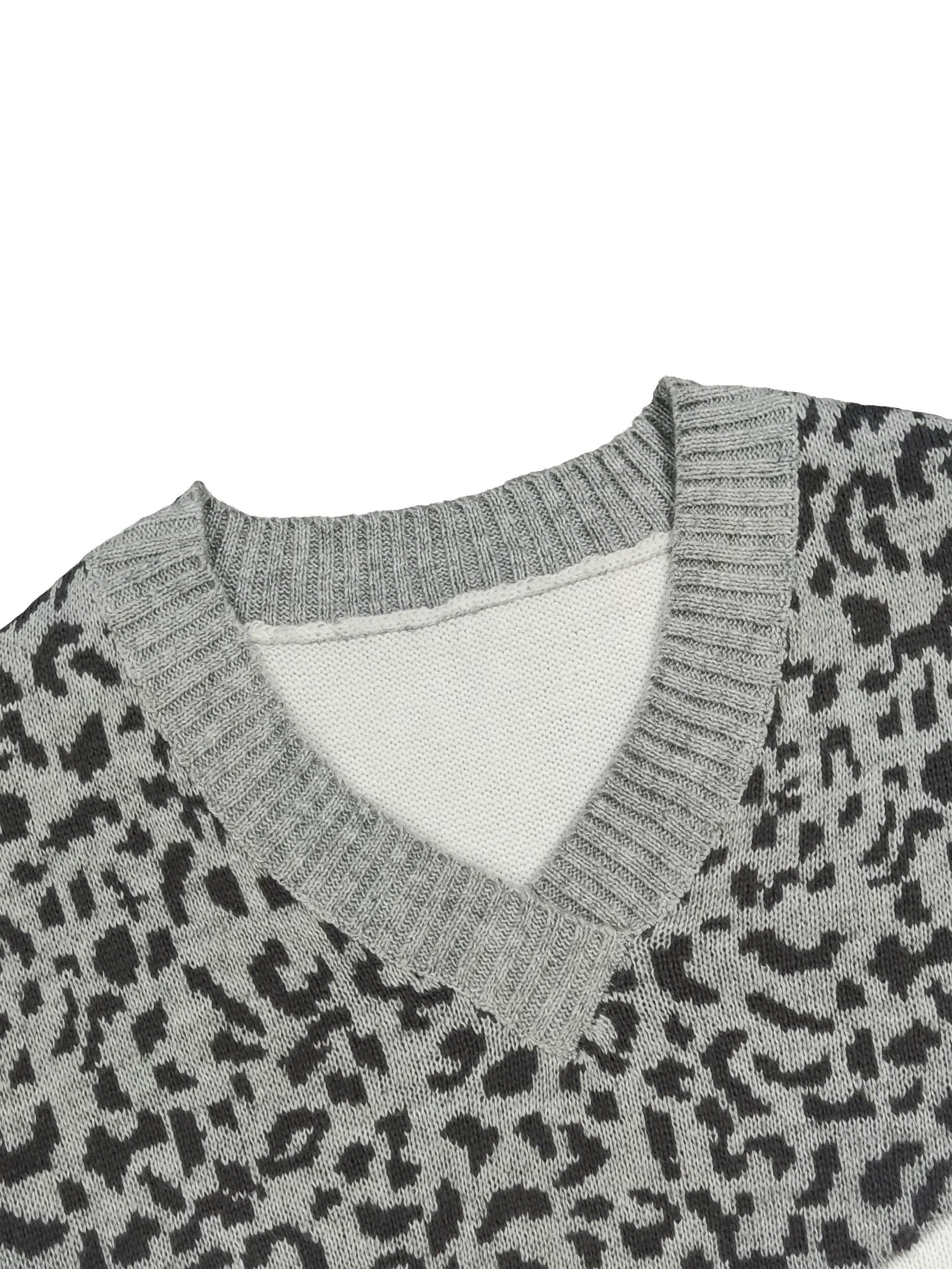 MsDresslySP Plus Sweaters Plus Size Casual Sweater, Women's Plus Colorblock Leopard Print V Neck Long Sleeve Pullover Sweater