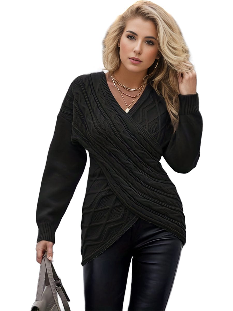 MsDresslySP Plus Sweaters Plus Size Elegant Sweater, Women's Plus Solid Cable Drop Shoulder Long Sleeve Wrap Cross V Neck Jumper