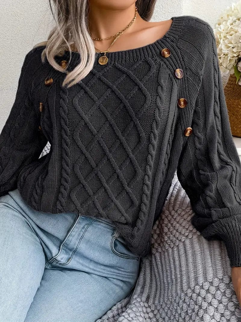 MsDressly Sweaters Cozy Solid Cable Knit Square Neck Long Sleeve Sweater