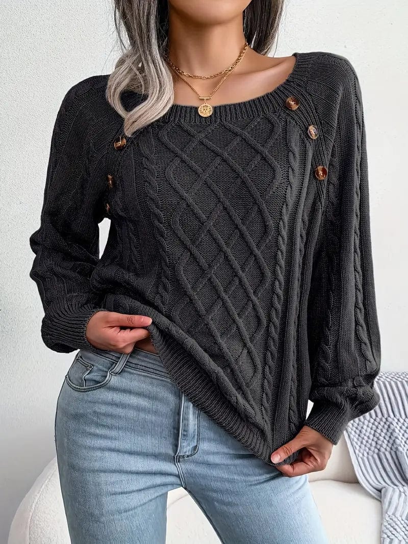 MsDressly Sweaters Cozy Solid Cable Knit Square Neck Long Sleeve Sweater