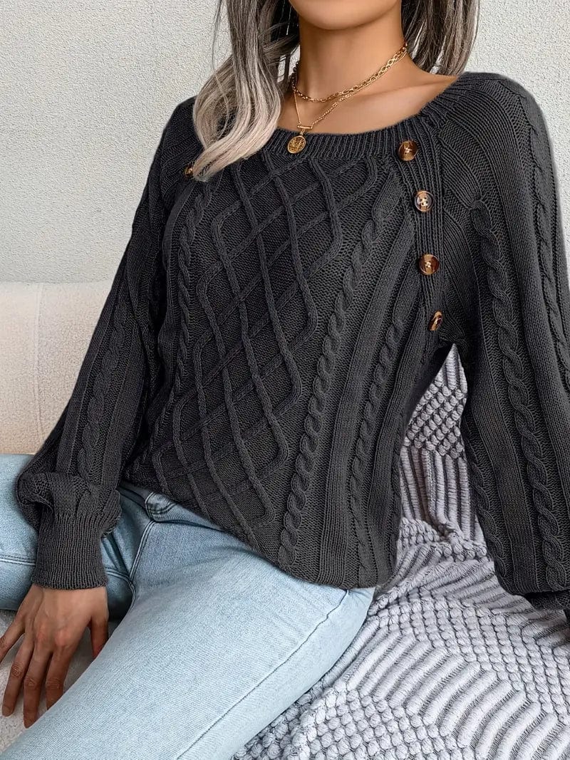 MsDressly Sweaters Cozy Solid Cable Knit Square Neck Long Sleeve Sweater