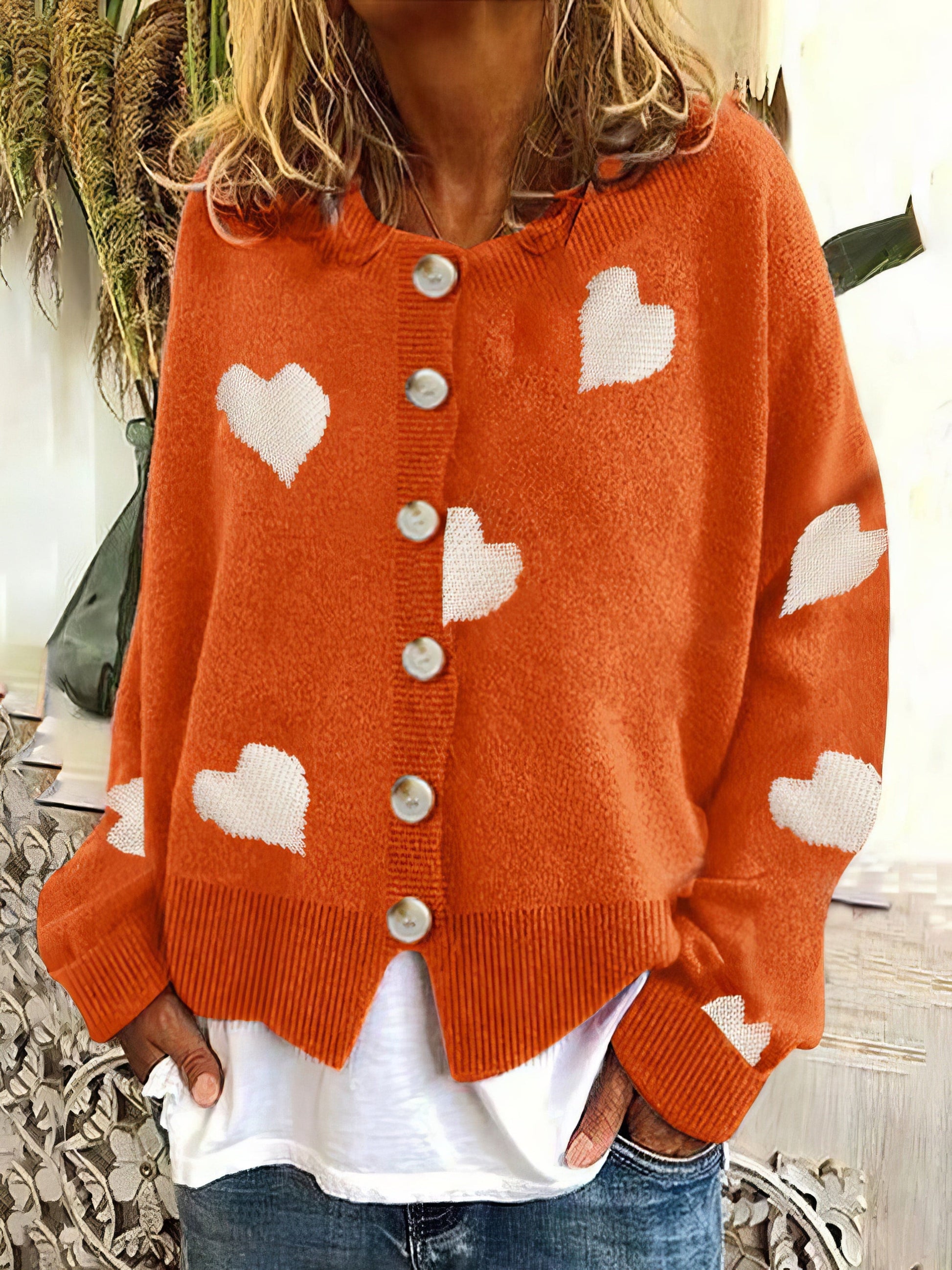 MsDressly Sweaters Knit Single-Breasted Heart Cardigan Sweater -Bishop - Barcelet - Closed - Scoop - Jewel SWE2109181183ORAS