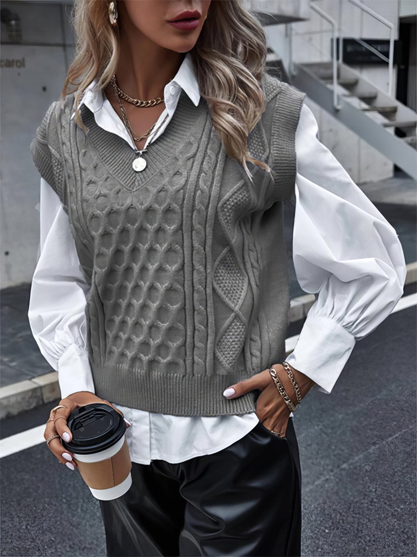 MsDressly Sweaters Knit V-Neck Vest Sleeveless Cable Sweater - Bishop - Poet - Halter - Jewel - Closed SWE2109221187GRES