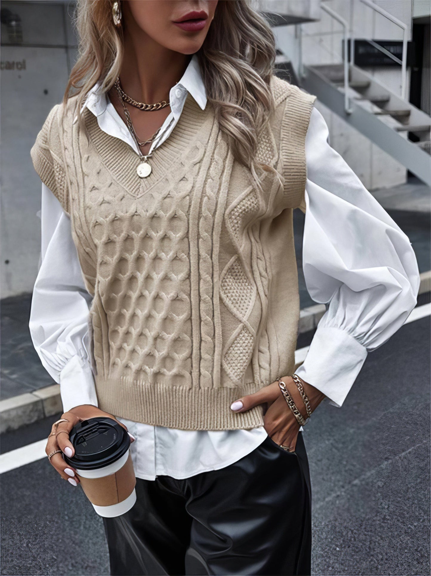 MsDressly Sweaters Knit V-Neck Vest Sleeveless Cable Sweater - Bishop - Poet - Halter - Jewel - Closed SWE2109221187KHAS