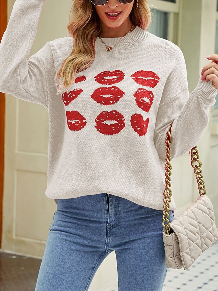 MsDressly Sweaters Knitted Love Lips Printed Long Sleeved Sweater SWE2212261447APRS