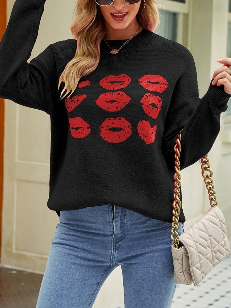 MsDressly Sweaters Knitted Love Lips Printed Long Sleeved Sweater SWE2212261447BLAS