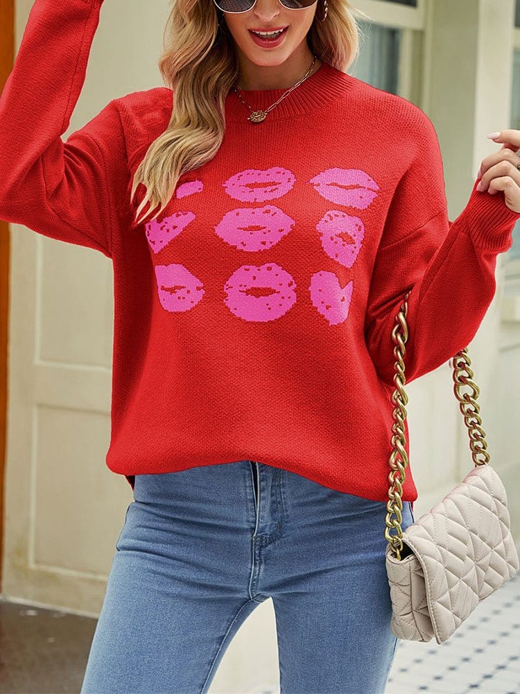 MsDressly Sweaters Knitted Love Lips Printed Long Sleeved Sweater SWE2212261447REDS