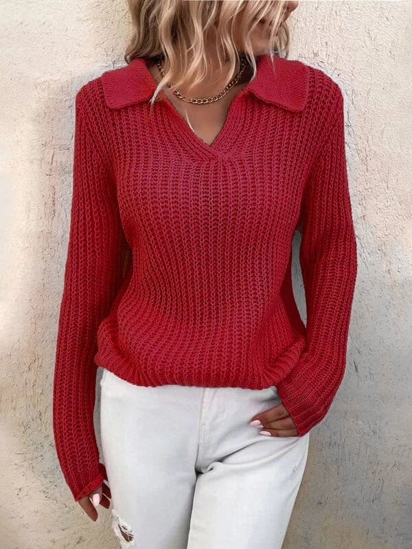 MsDressly Sweaters Lapel Solid Slim Fit Knit Sweater SWE2208191377REDS