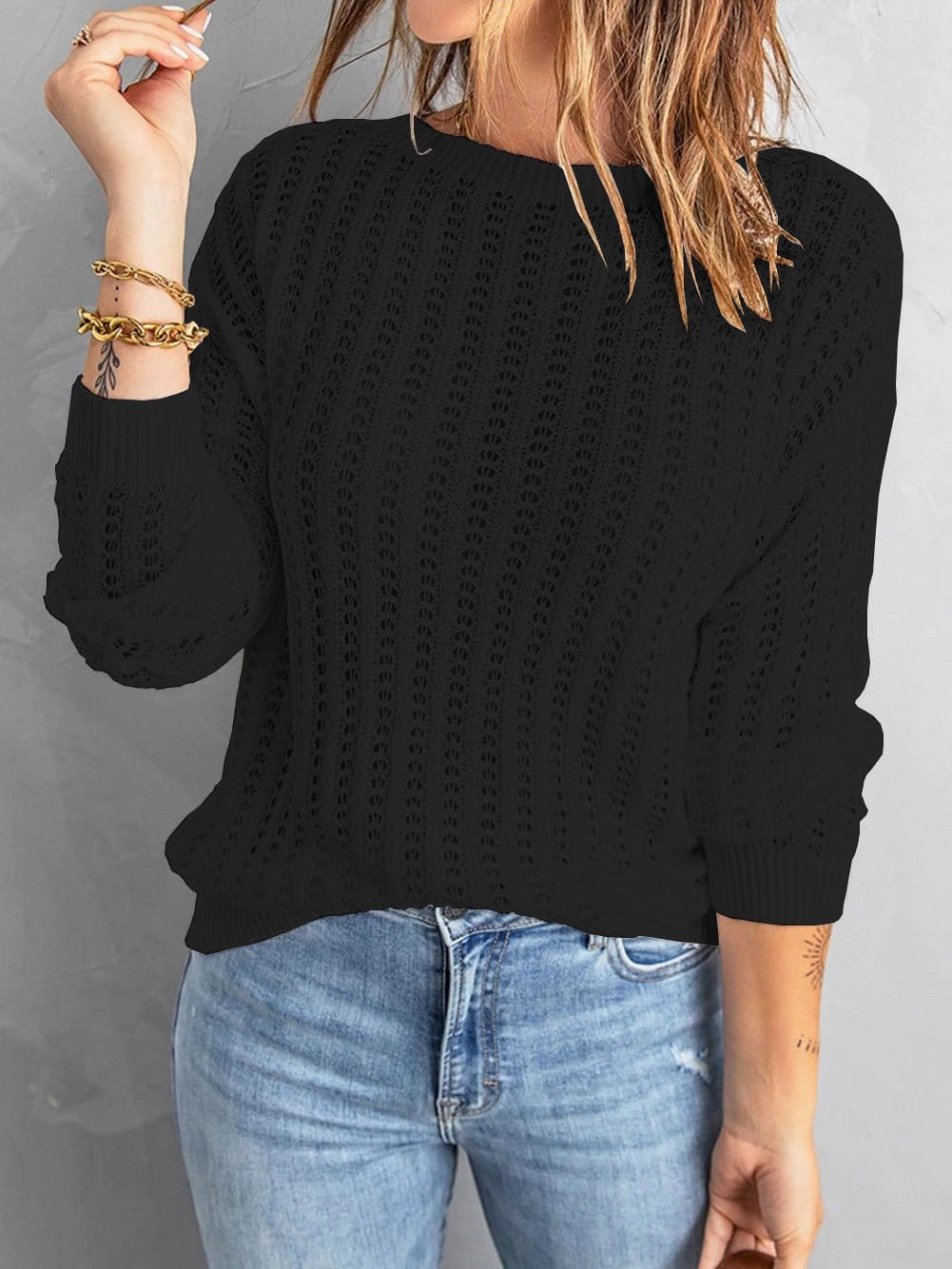 MsDressly Sweaters Round Neck Hollow Long Sleeved Knit Sweater SWE2210121419BLAS