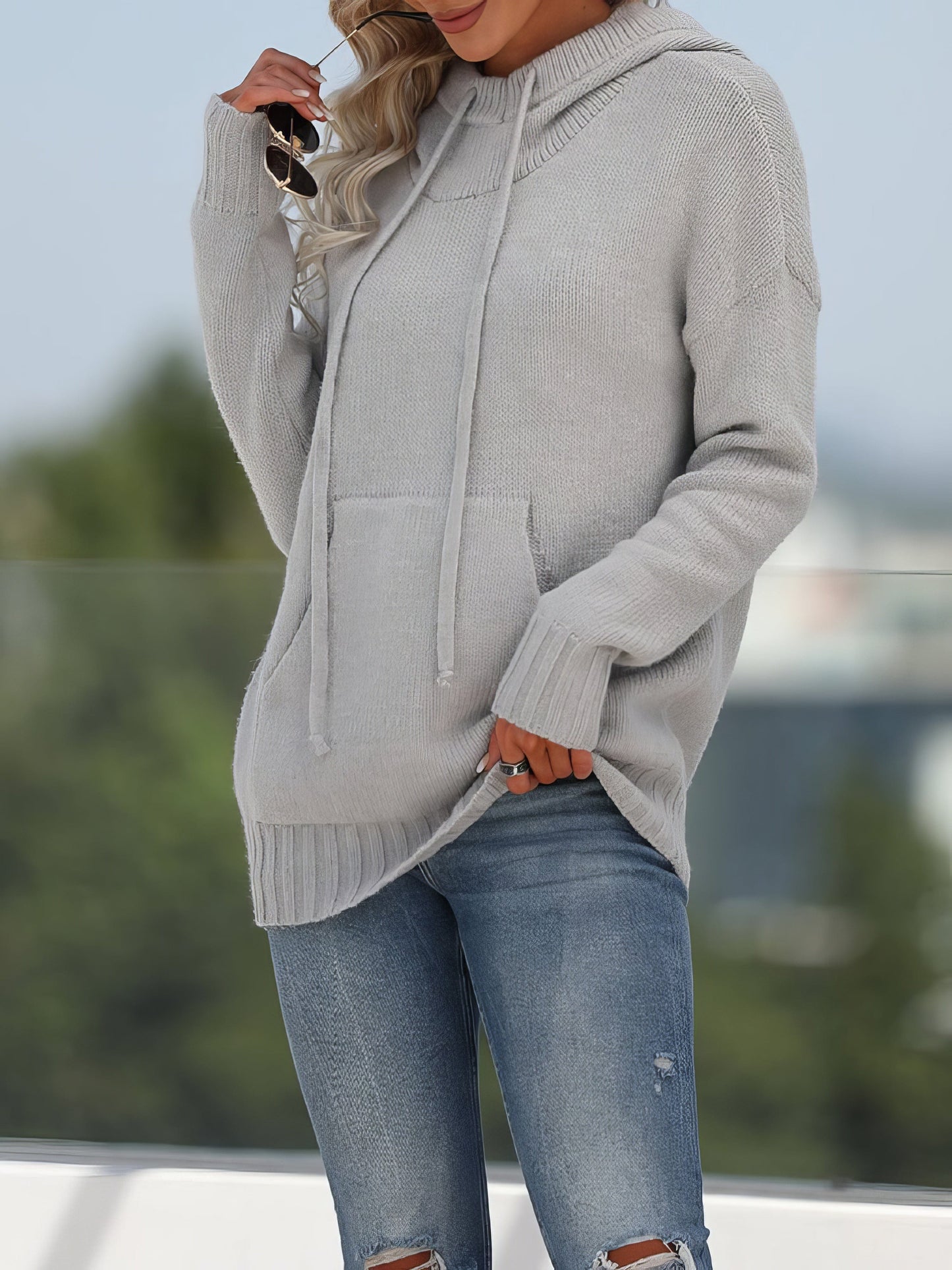 MsDressly Sweaters Solid Pocket Knit Hooded Sweater