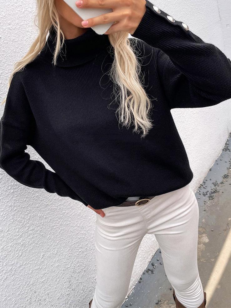 MsDressly Sweaters Turtleneck Solid Long Sleeve Knitted Sweater SWE2109101168BLAS