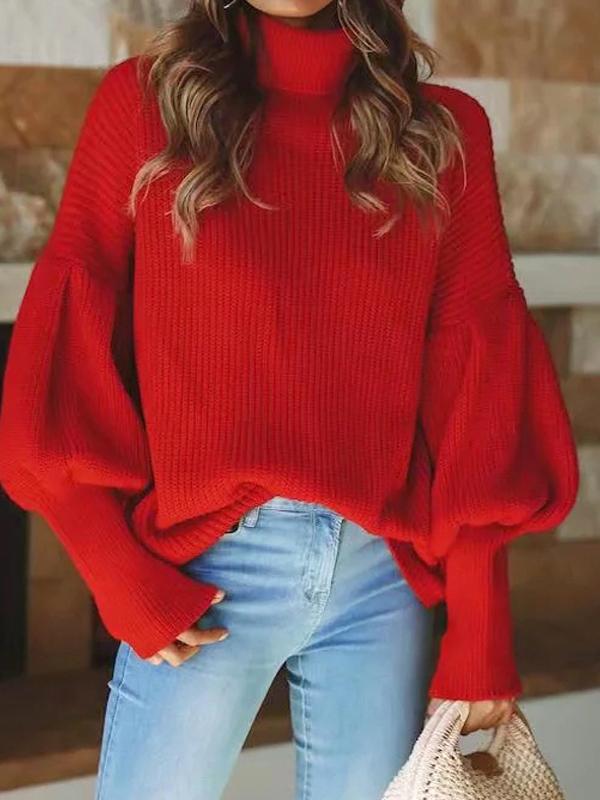 MsDressly Sweaters Turtleneck Solid Long Sleeve Knitted Sweater SWE2111031261REDS