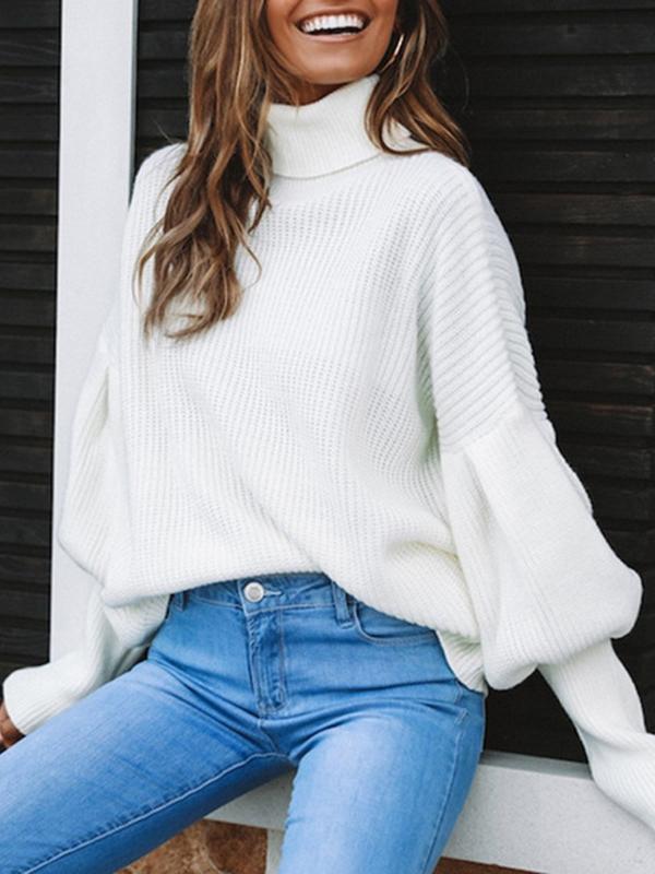 MsDressly Sweaters Turtleneck Solid Long Sleeve Knitted Sweater SWE2111031261WHIS