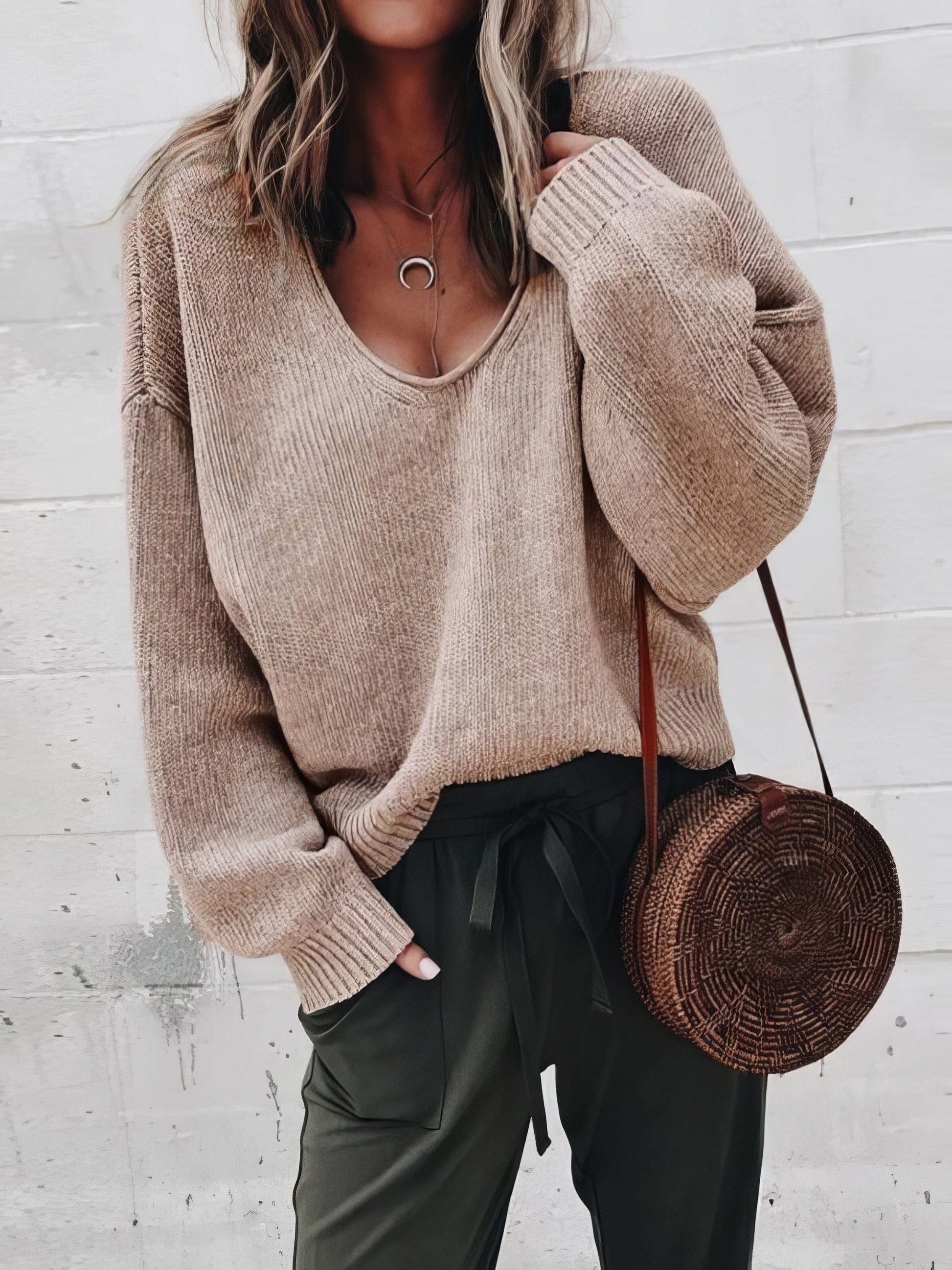 MsDressly Sweaters V-Neck Long Sleeve Solid Loose Knit Sweater SWE2109181185KHAS