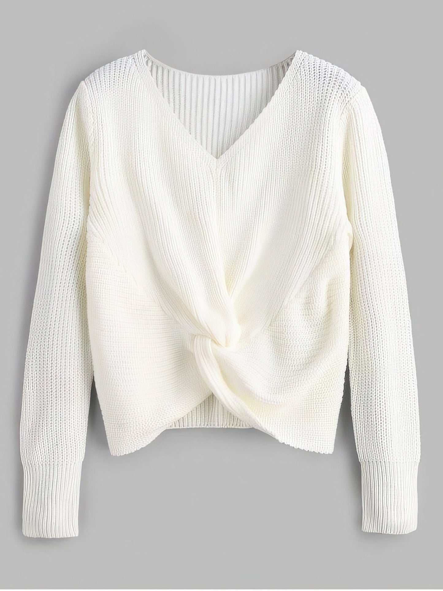 MsDressly Sweaters V Neck Twist Front Pullover Sweater SWE210312368CRWHIS