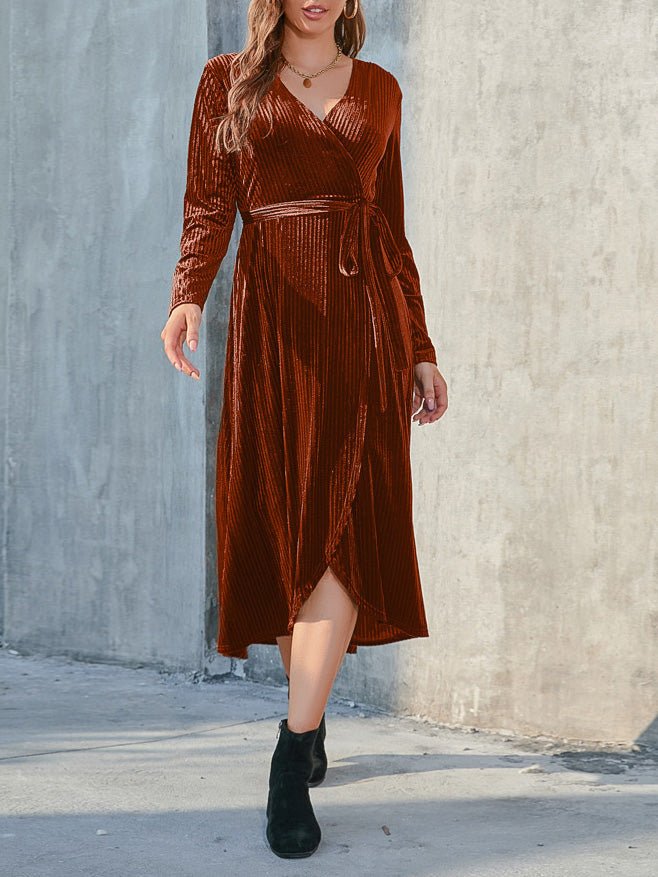 Women's Dresses Corduroy Tie Long Sleeve Slit Dress - Maxi Dresses - Instastyled | Online Fashion Free Shipping Clothing, Dresses, Tops, Shoes - 20/09/2022 - 40-50 - casual-dresses