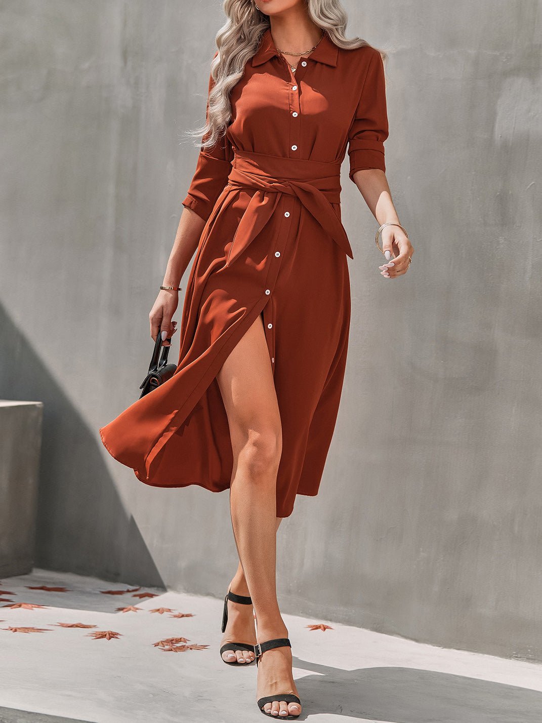 Women's Dresses Single Breasted Long Sleeve Shirt Dress - Maxi Dresses - Instastyled | Online Fashion Free Shipping Clothing, Dresses, Tops, Shoes - 20/09/2022 - color-apricot - color-brick_red