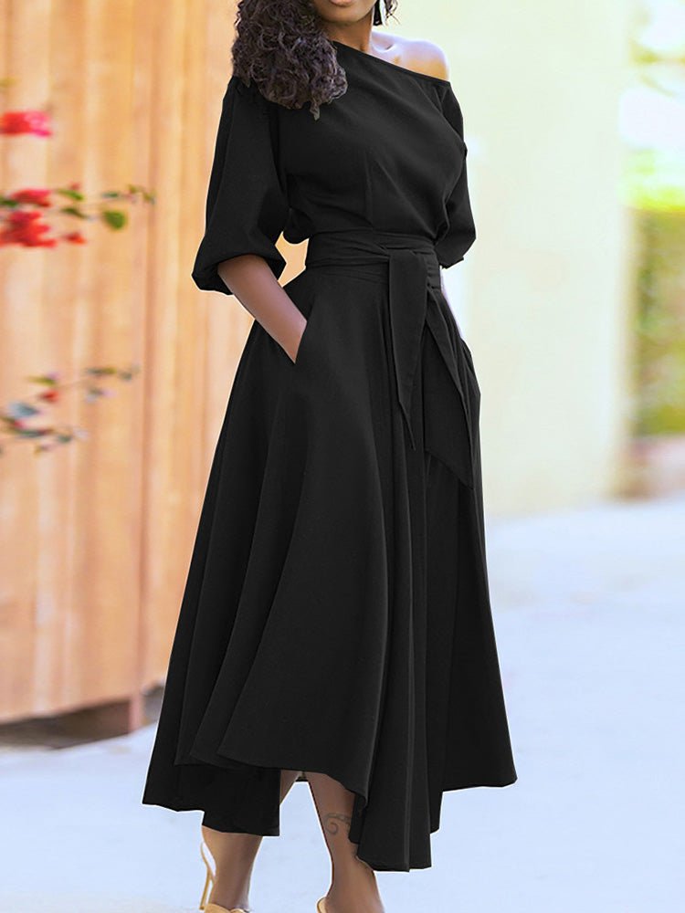 Women's Dresses Solid Tie Pocket Long Sleeve Dress - Maxi Dresses - Instastyled | Online Fashion Free Shipping Clothing, Dresses, Tops, Shoes - 19/09/2022 - Casual Dresses - Color_Black