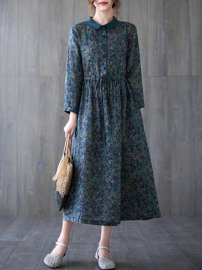 Women's Dresses Vintage Print Button Elastic Waist Long Sleeve Dress - Maxi Dresses - Instastyled | Online Fashion Free Shipping Clothing, Dresses, Tops, Shoes - 20/09/2022 - 40-50 - casual-dresses