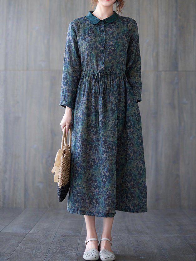 Women's Dresses Vintage Print Button Elastic Waist Long Sleeve Dress - Maxi Dresses - Instastyled | Online Fashion Free Shipping Clothing, Dresses, Tops, Shoes - 20/09/2022 - 40-50 - casual-dresses