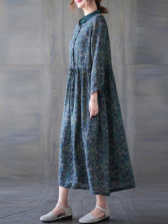 Women's Dresses Vintage Print Button Elastic Waist Long Sleeve Dress - Maxi Dresses - Instastyled | Online Fashion Free Shipping Clothing, Dresses, Tops, Shoes - 20/09/2022 - 40-50 - casual-dresses