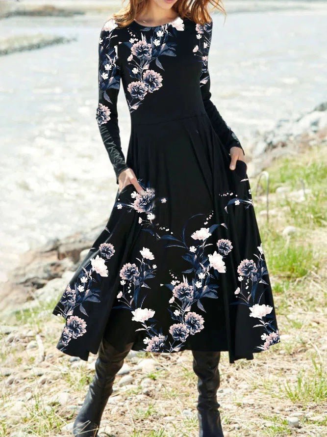 Women's Dresses Vintage Print Pocket Long Sleeve Dress - Maxi Dresses - Instastyled | Online Fashion Free Shipping Clothing, Dresses, Tops, Shoes - 19/09/2022 - Casual Dresses - Color_Black